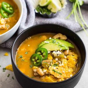 This easy 30 minute white chicken chili is a great way to use leftover rotisserie chicken. It's hearty and delicious, and perfect for any night of the week.