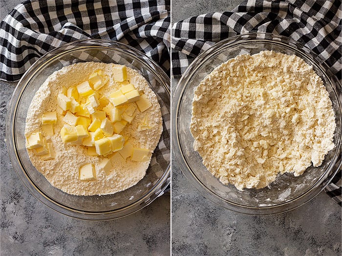 two pictures of pie dough being made.