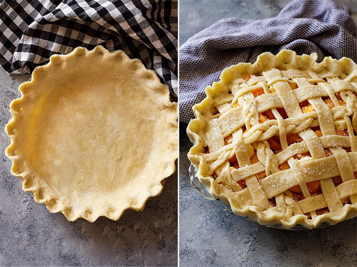 Pictures of pie dough in pan and filled with a lattice top. 