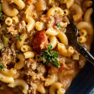 Close up of goulash to show the saucy goodness.