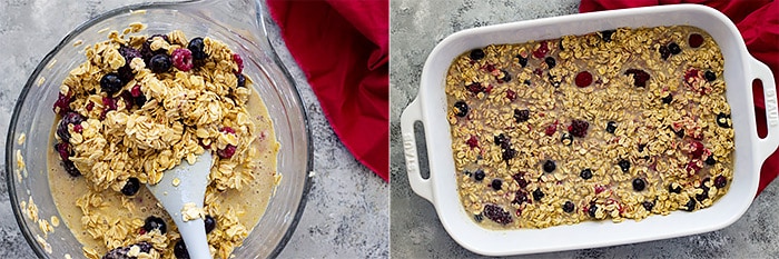 Pictures of baked oatmeal mixed in a bowl and spread in a 9x13 baking dish. 