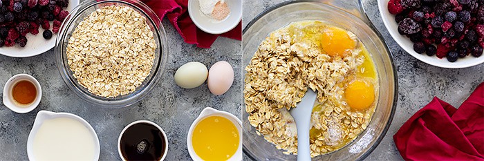 Pictures of ingredients and the ingredients all in a bowl ready to mix. 