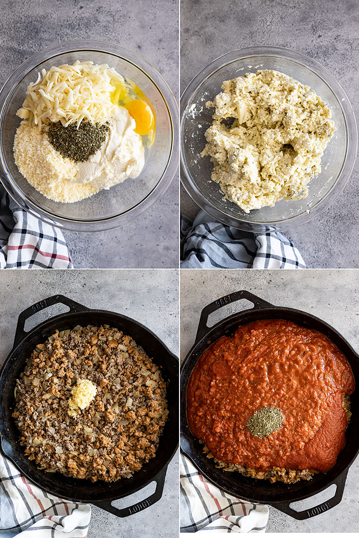 Four pictures showing making the cheese layer and the meat sauce.