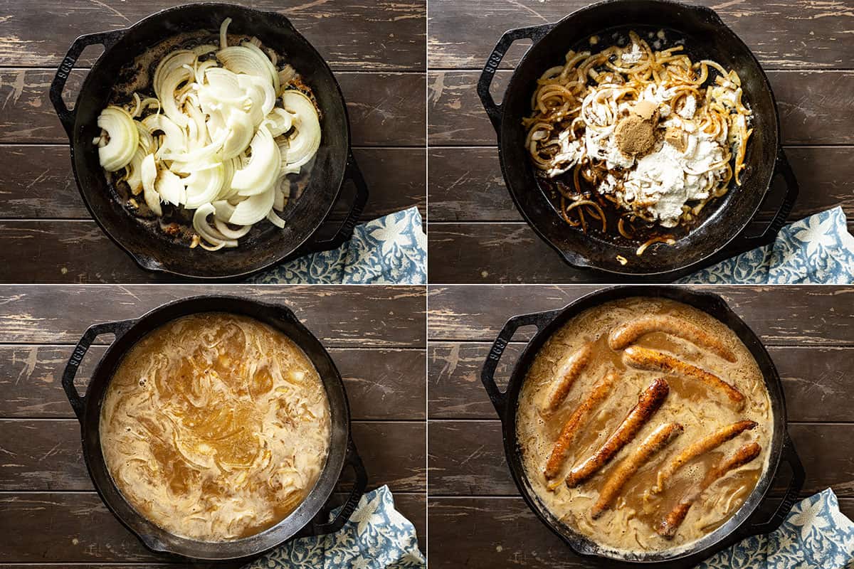 Four pictures showing how to make the onion gravy. 