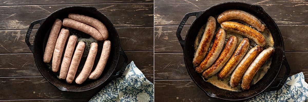 Two pictures showing how to brown the sausages. 