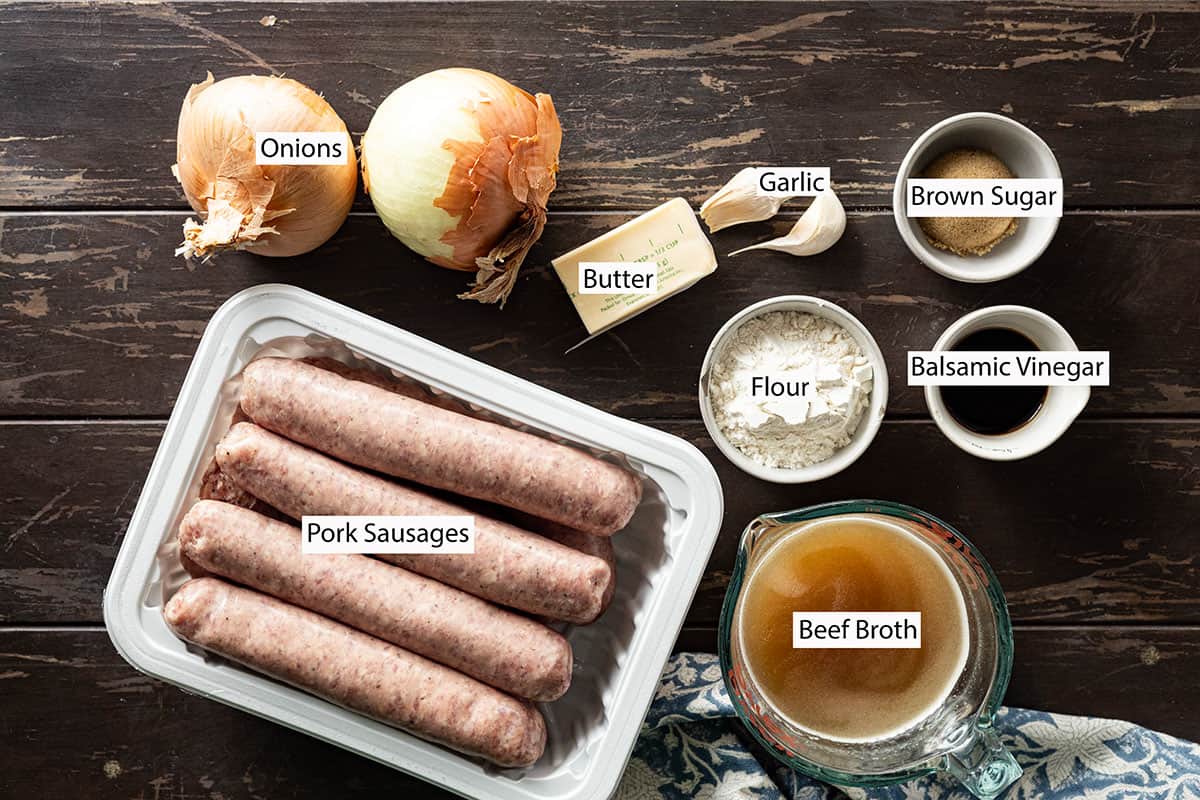 Ingredients: sausages, onion, garlic, butter, brown sugar, balsamic vinegar, flour, beef broth. 
