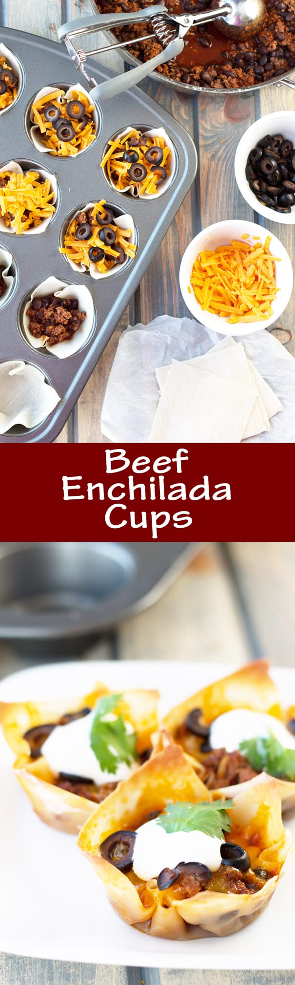 Beef Enchilada Cups- an easy and oh so tasty game day appetizer. Filled with seasoned beef, black beans, cheddar, black olives and topped with creamy sour cream. | Countryside Cravings