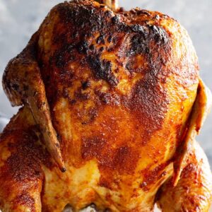 Beer can chicken fresh off the grill.