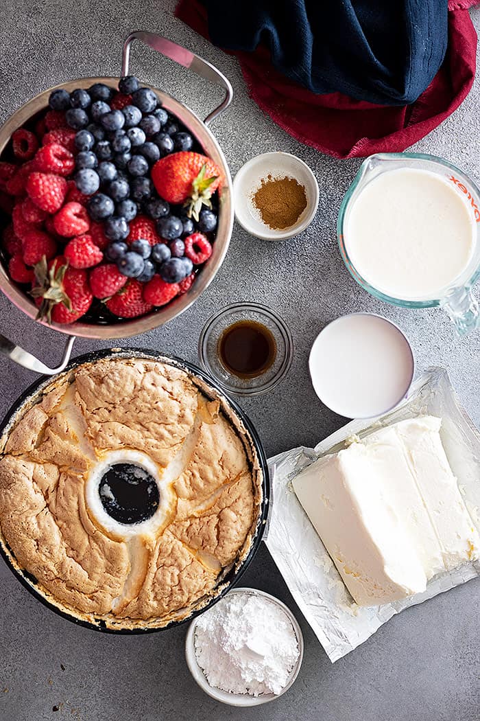 All the ingredients to make a berry coconut trifle. 