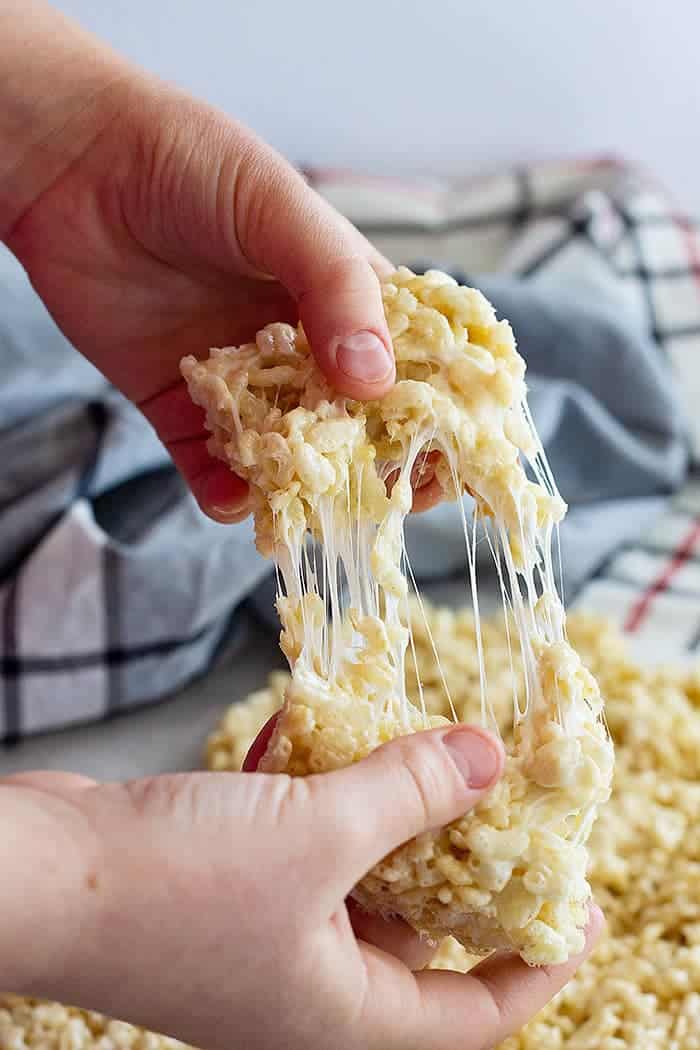 pulling apart a soft rice krispie treat