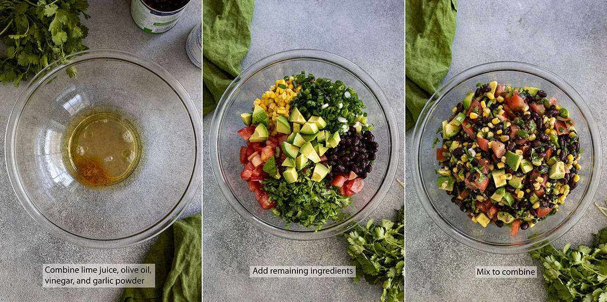 Three pictures showing how to make black bean salsa. 