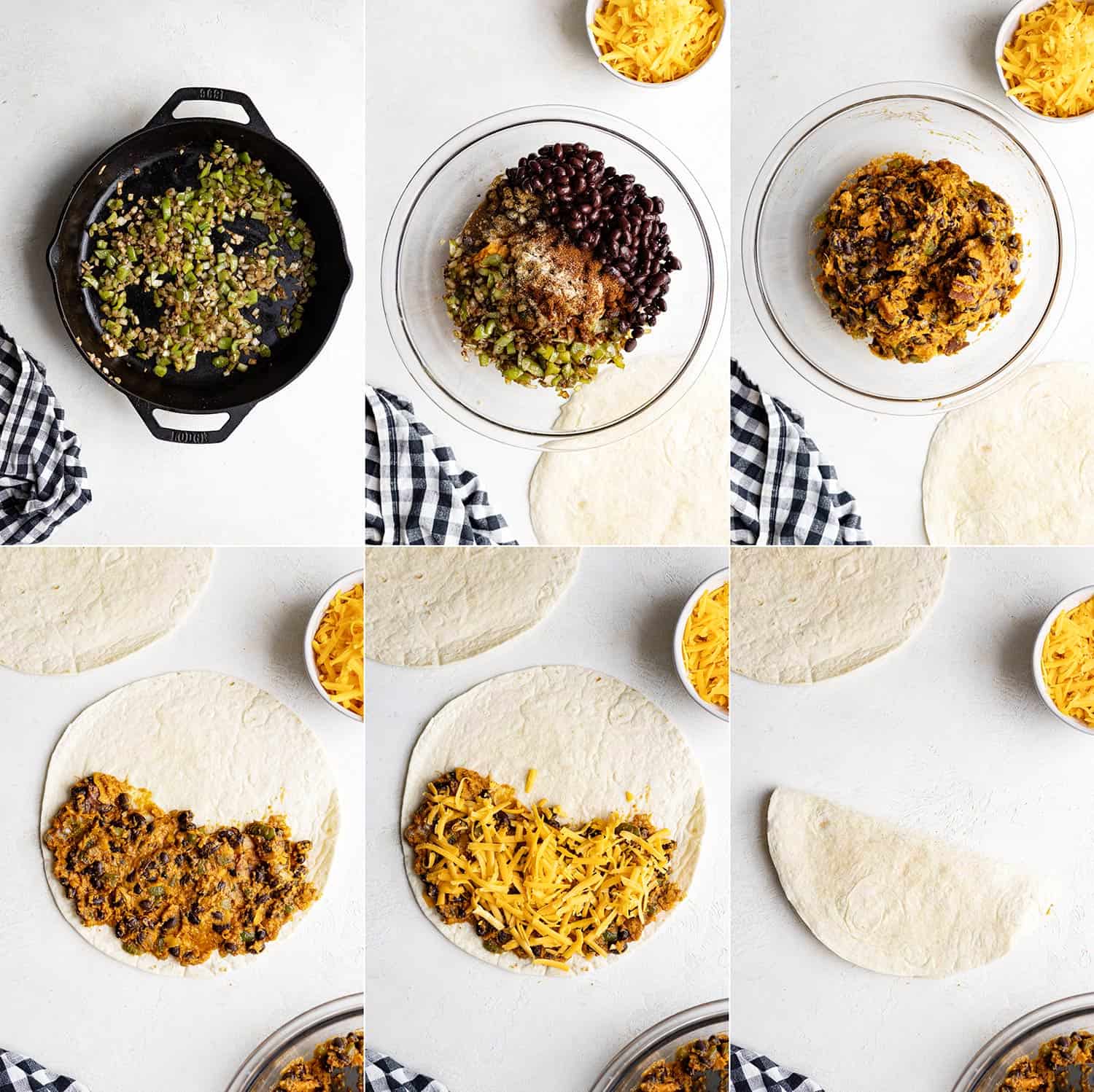 Six pictures showing how to make the quesadillas.
