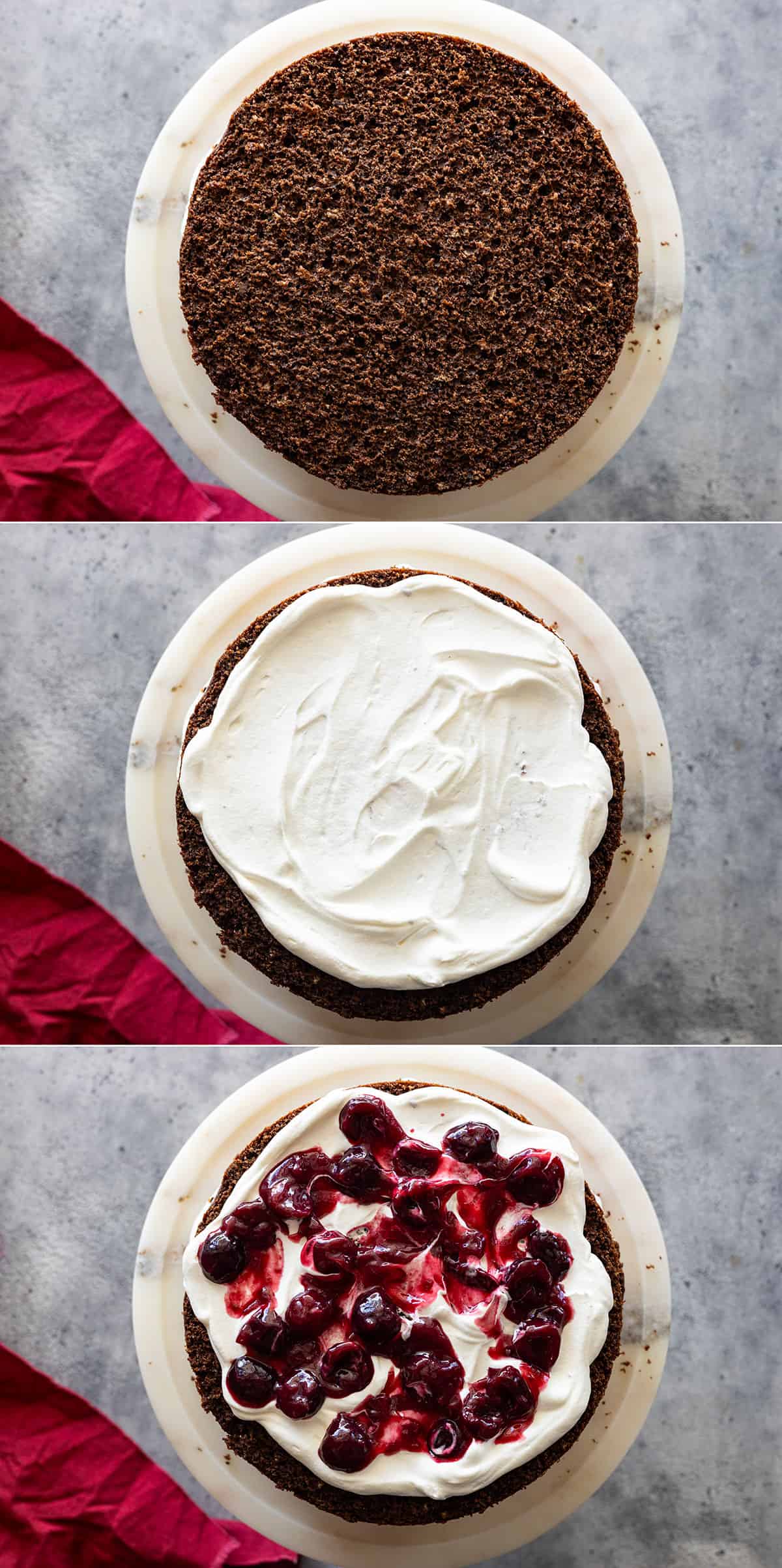 Overhead view of assembling the layers of the cake. 
