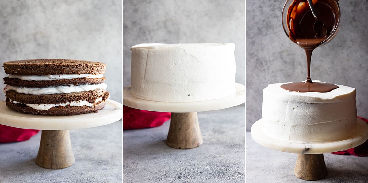 Three pictures showing how to finish decorating the cake. 