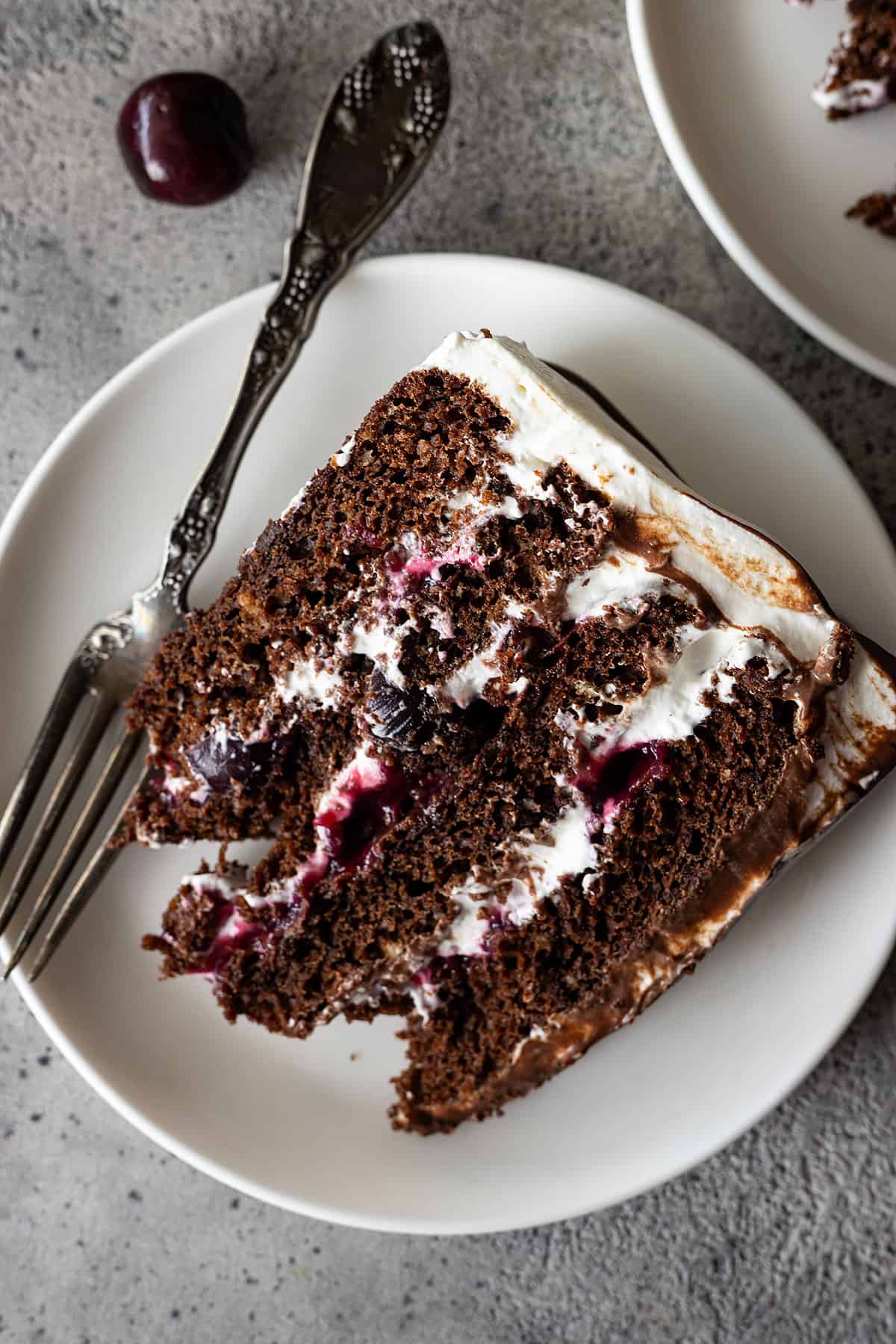 Close up of black forest cake slice on a white plate showing the filling. 