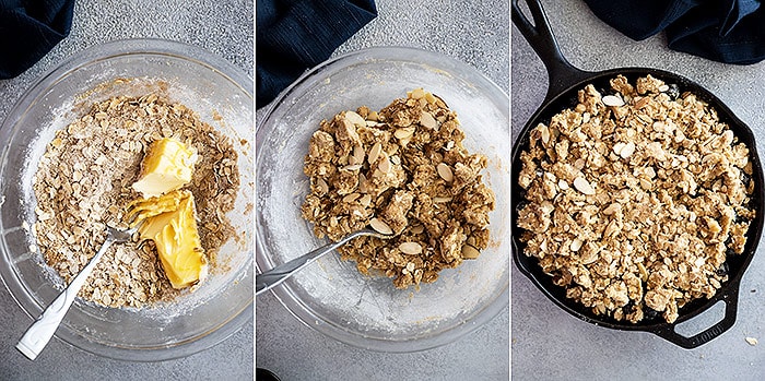 Three pictures showing how to prepare the oat topping.