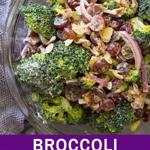 Overhead view of broccoli bacon and grape salad.