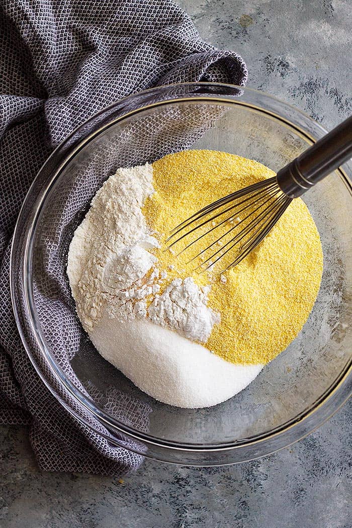 ingredients for buttermilk cornbread in bowl