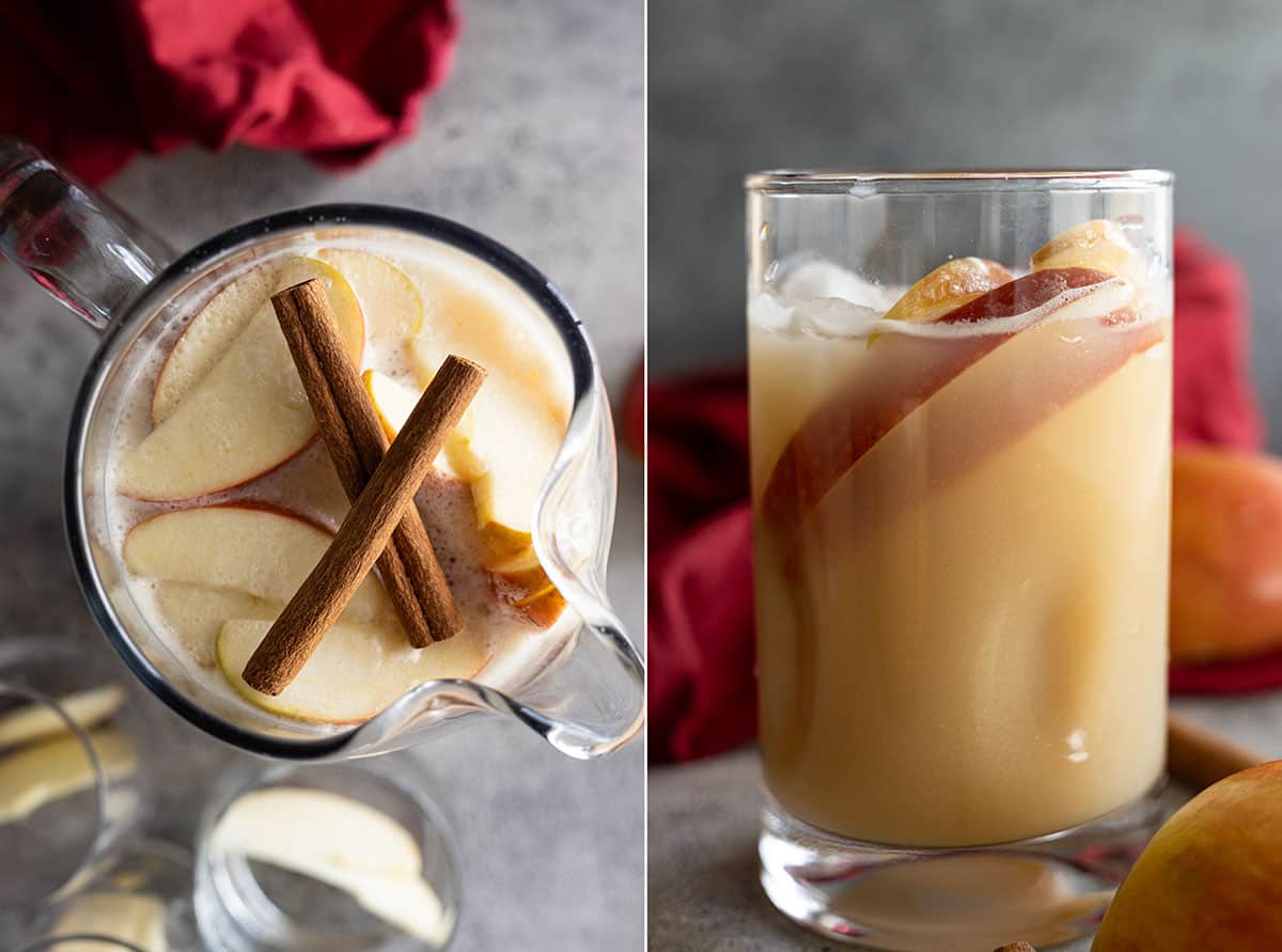 Two pictures: one an overhead view of the pitcher of sangria and the other a glass filled with sangria and both garnished with apple slices. 