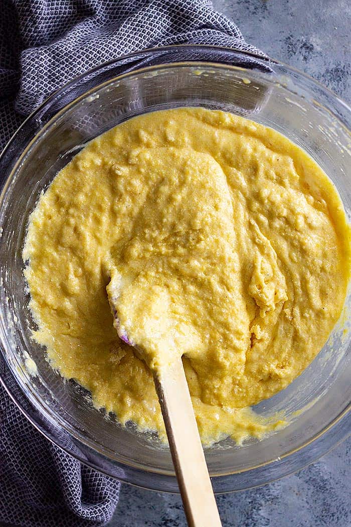 wet sweet cornbread batter in bowl