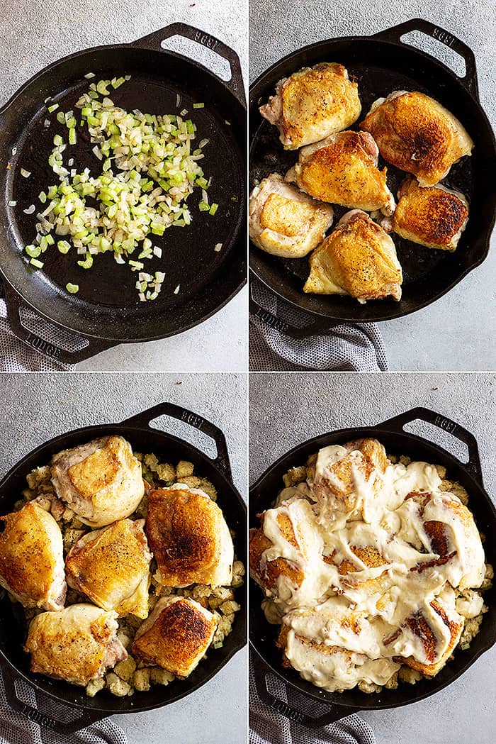 Four pictures showing how to make this delicious chicken casserole.