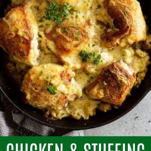 Overhead view of chicken and stuffing casserole in a cast iron pan right out of the oven.