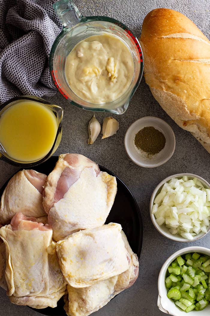 All the ingredients needed to make chicken and stuffing casserole. 