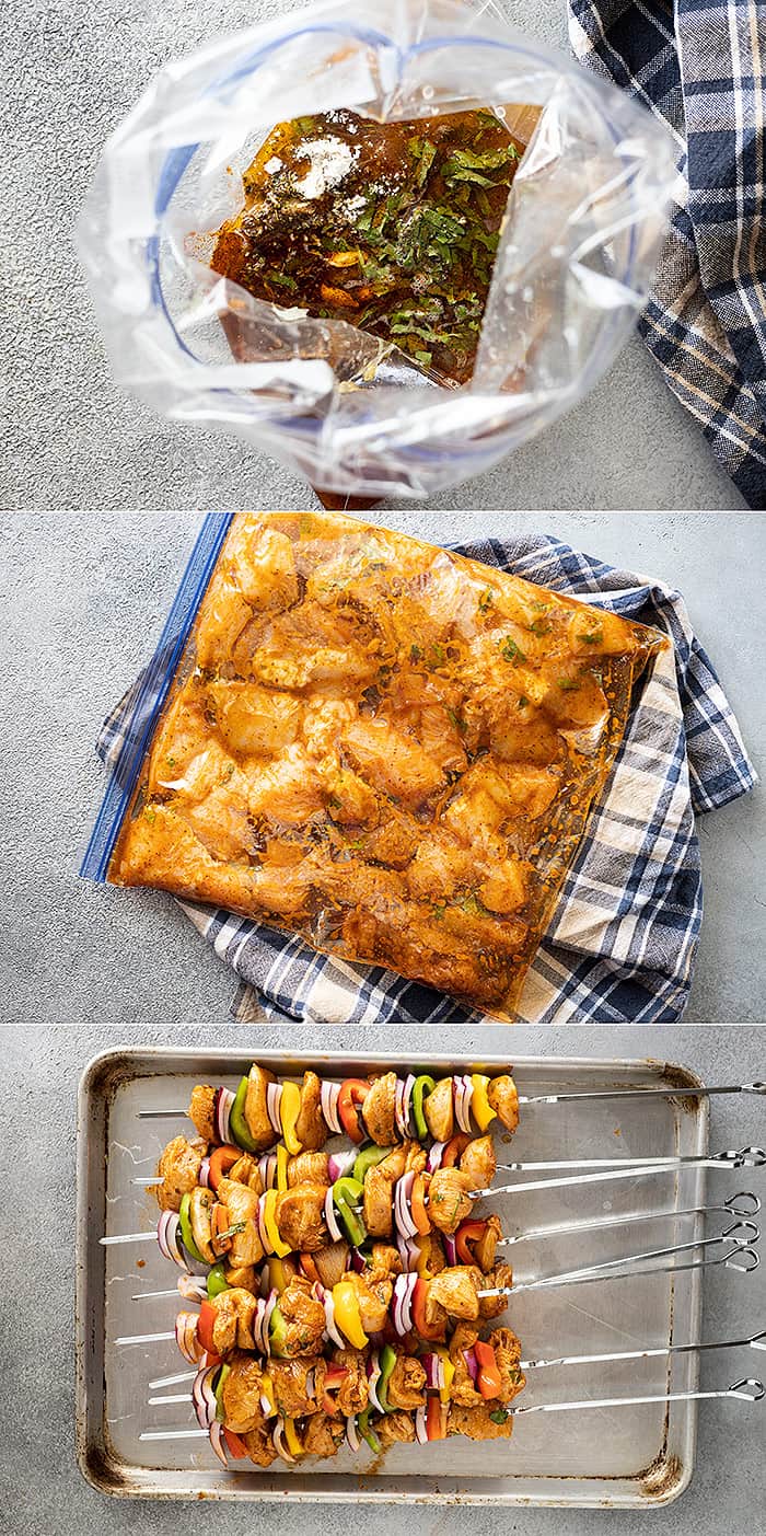 Three pictures showing the process of making the kebabs. 