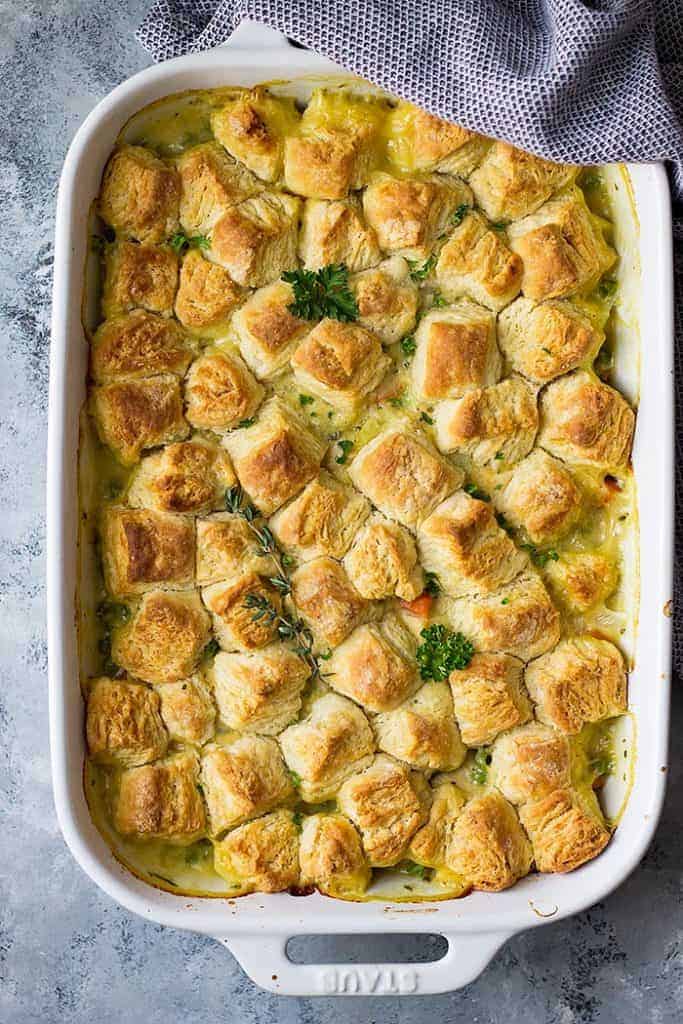 This homemade Chicken Pot Pie with Biscuits is a great way to use leftover chicken, turkey, herbs and veggies you may have hiding in the back of your fridge!
