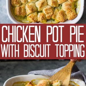 This homemade Chicken Pot Pie with Biscuits is a great way to use leftover chicken, turkey, herbs and veggies you may have hiding in the back of your fridge!
