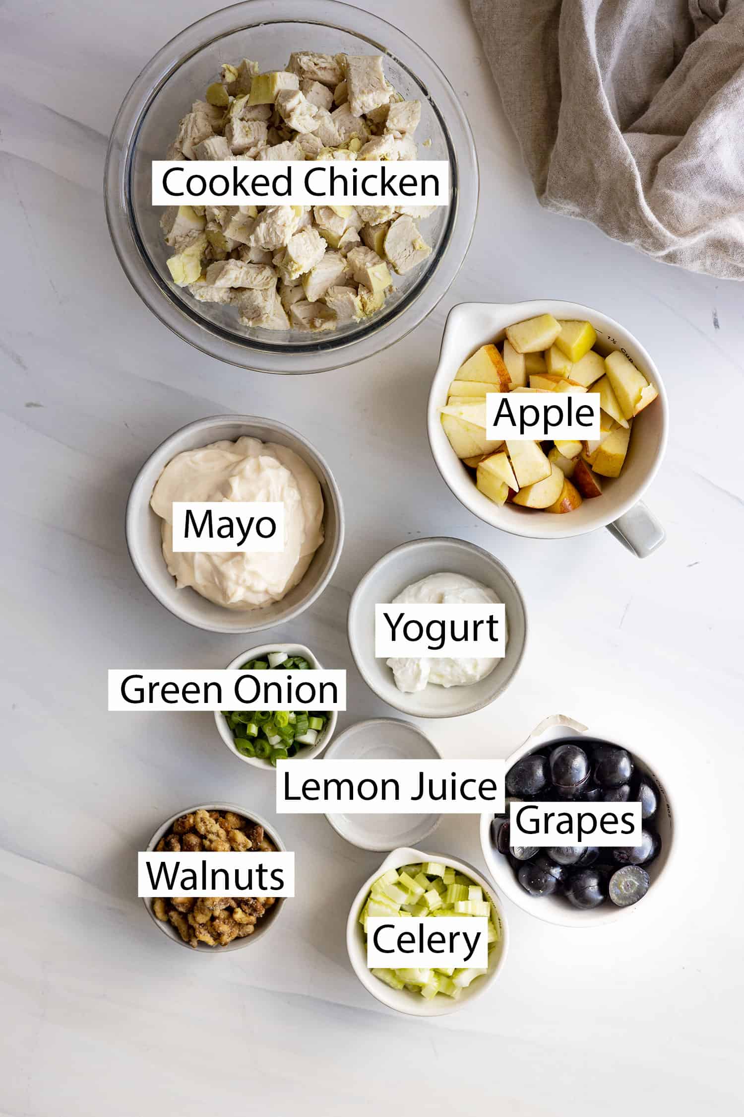Ingredients: Cooked chicken, apples, grapes, celery, onion, mayo, yogurt, lemon juice, and walnuts.