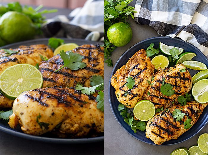Pictures of grilled chicken on a plate garnished with cilantro and lime. 