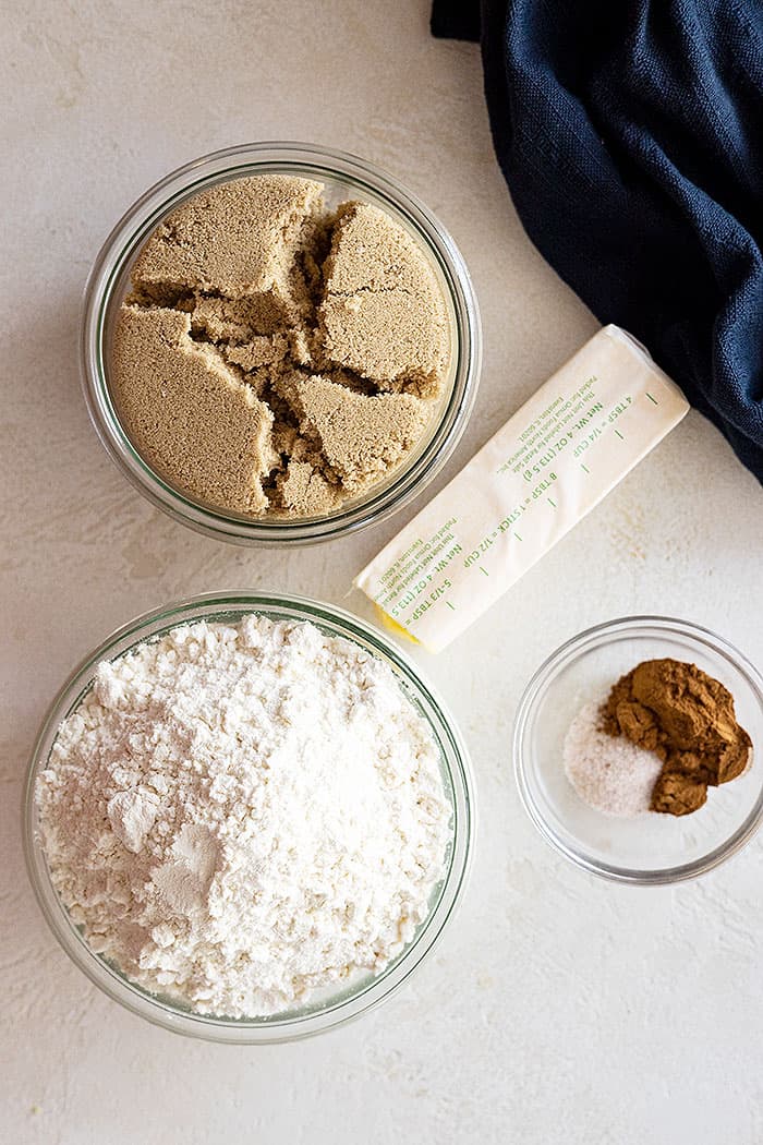 Ingredients for crumb topping: flour, brown sugar, butter, cinnamon, and salt. 
