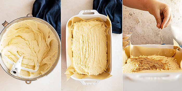 Three pictures showing spreading the cake batter into the pan and adding in the middle layer.