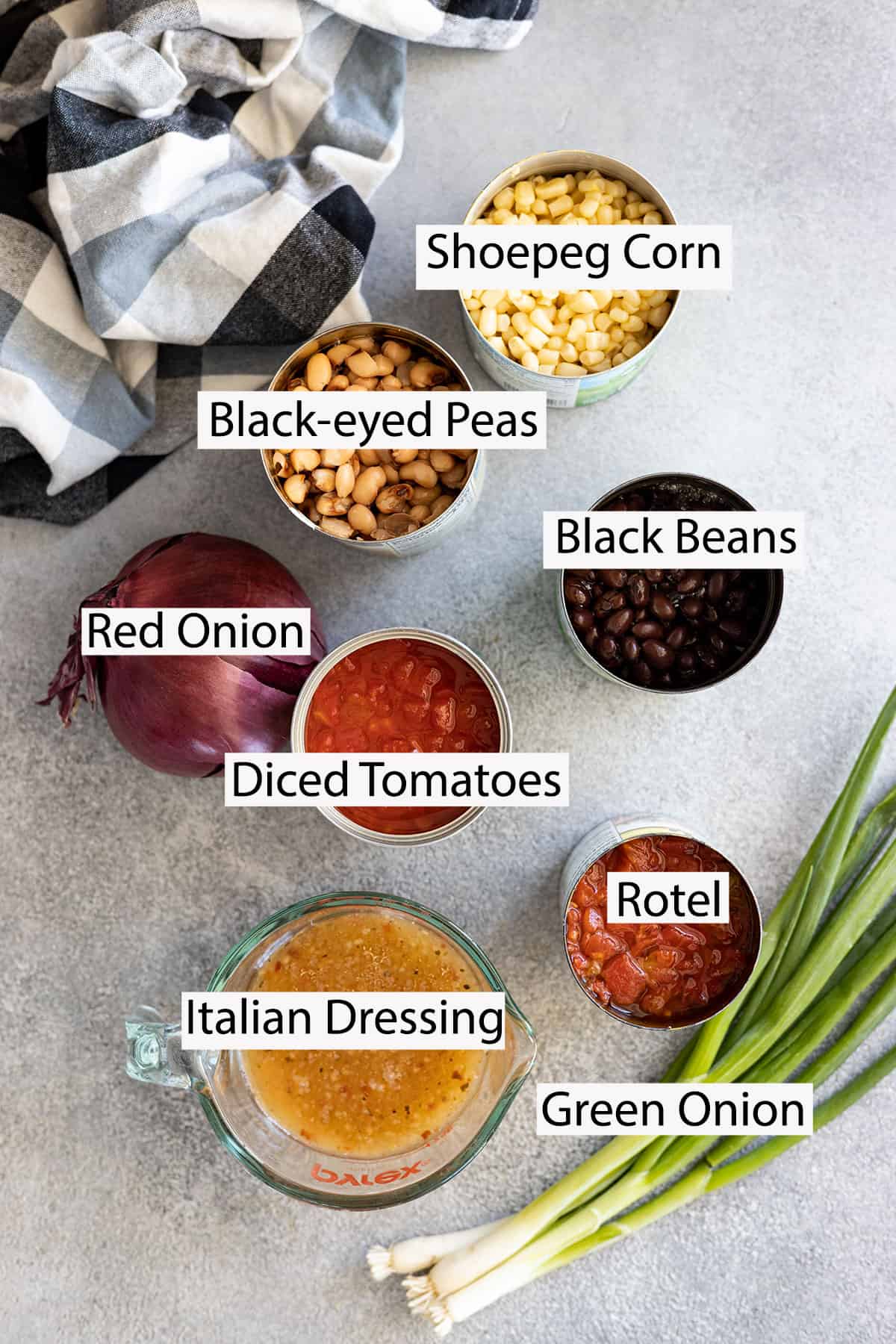 Ingredients: shoepeg corn, black-eyed peas, black beans, canned tomates, green onion, red onion, Italian dressing.
