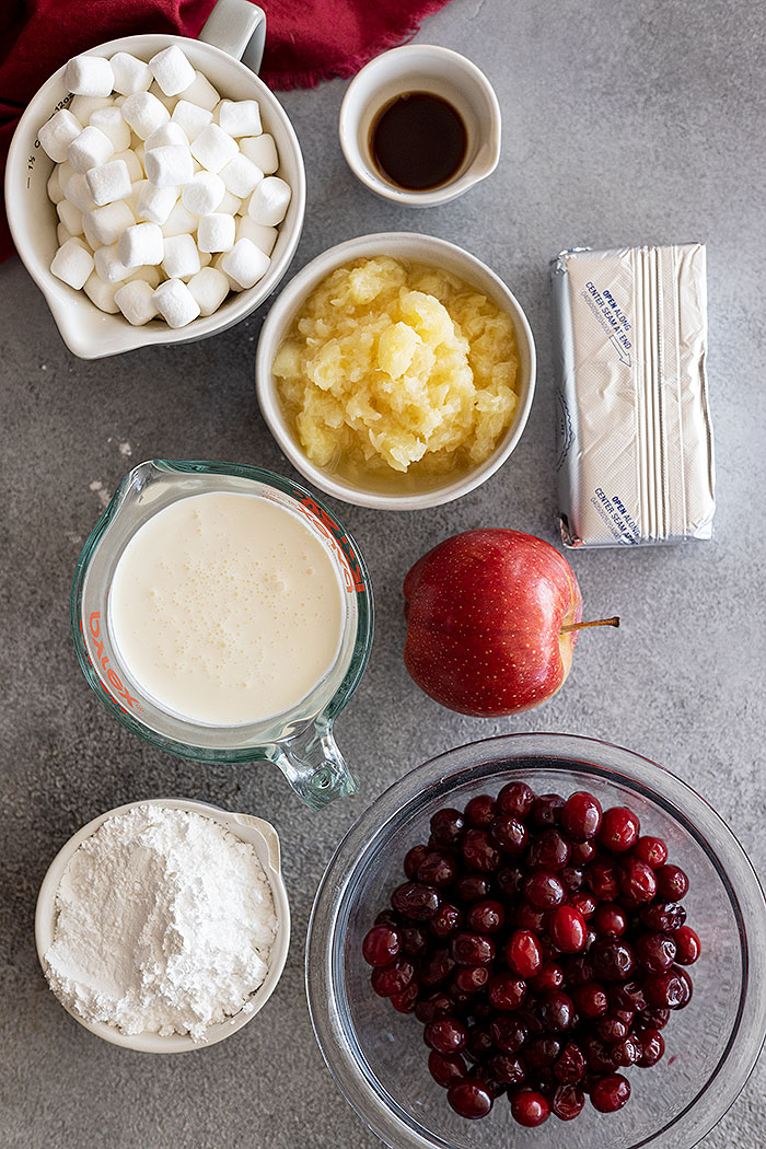 Overhead view of the ingredients needed to make this fluff salad.