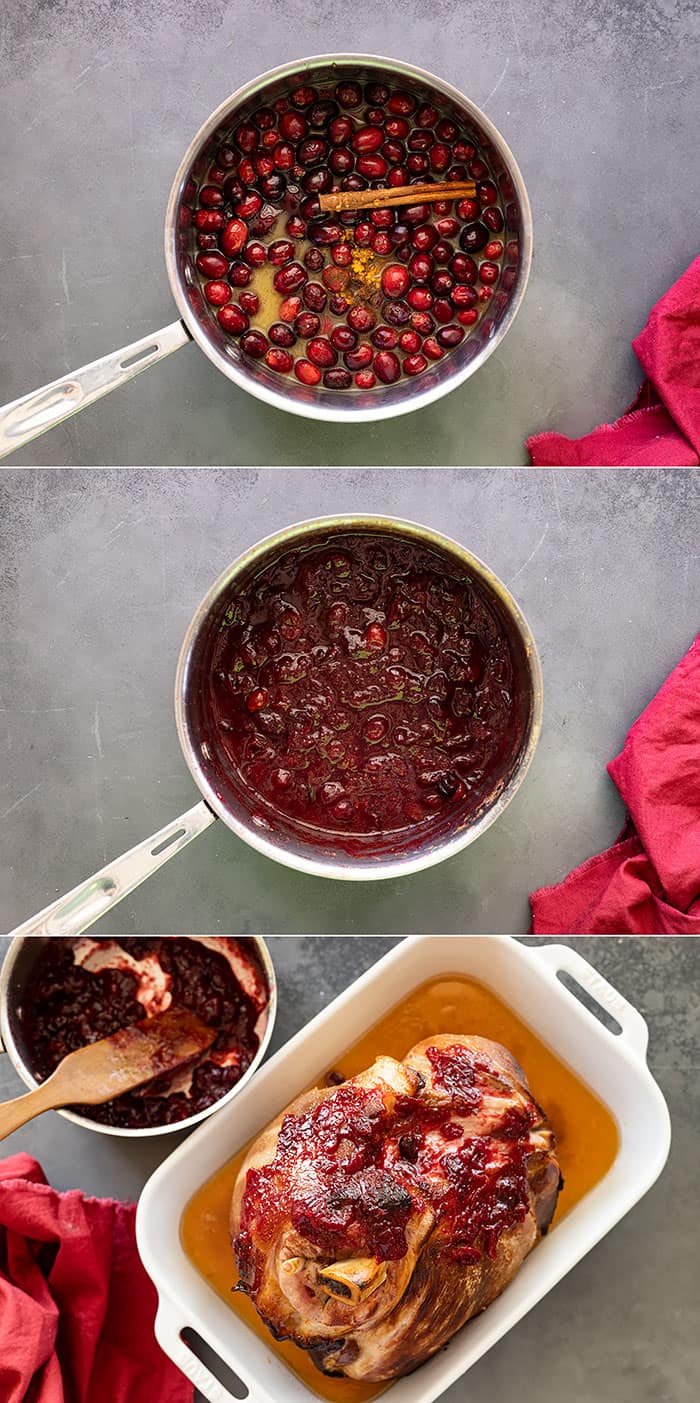 Three pictures showing how to make the glaze and then glaze the ham.