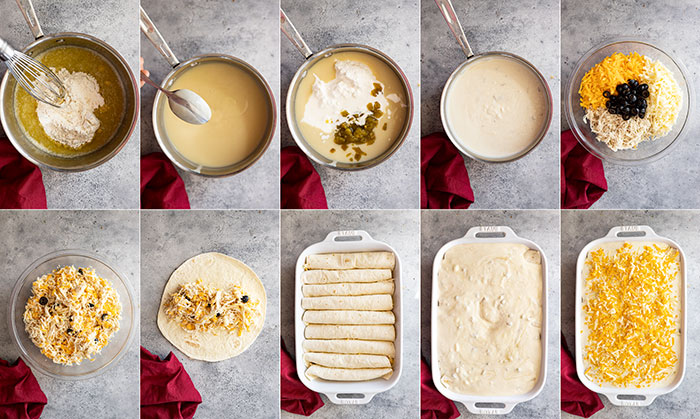 Several pictures showing how to make these creamy enchiladas: pictures showing how to make the sauce, mix up the filling, roll the enchiladas, add them to the baking dish and top them with the sauce and cheese. 