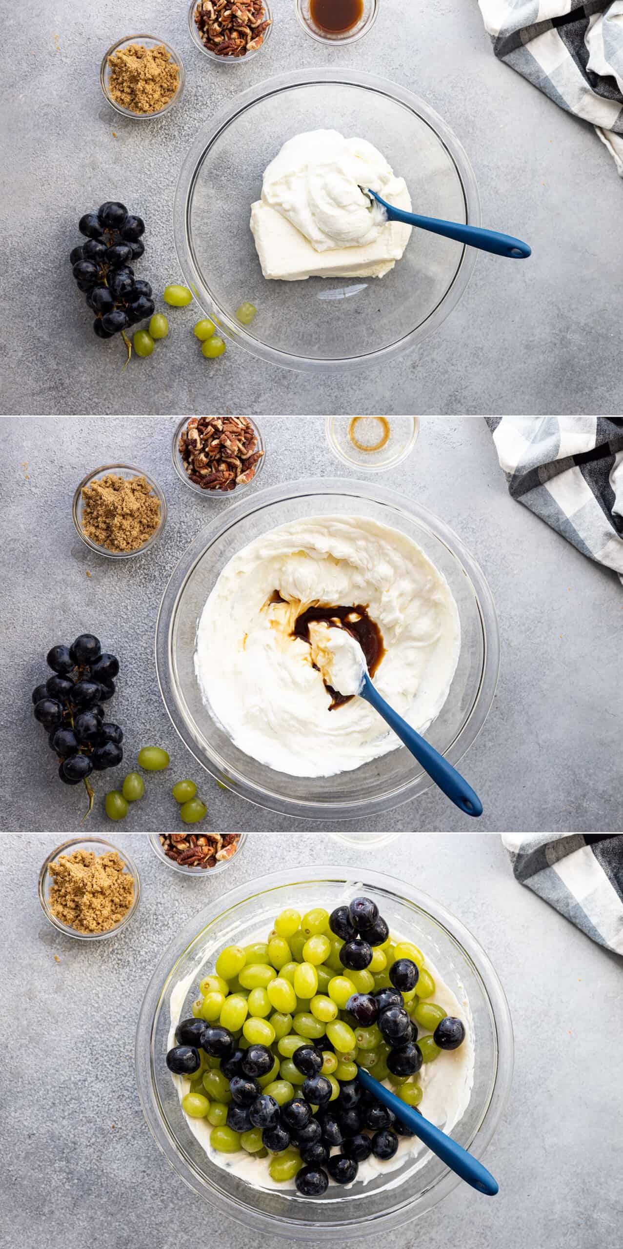 Three pictures showing how to make the salad. Two showing the mixing of the dressing then stirring in the grapes.