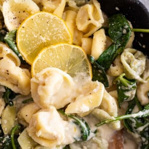 Close up of pasta dish. Garnished with lemon slices.