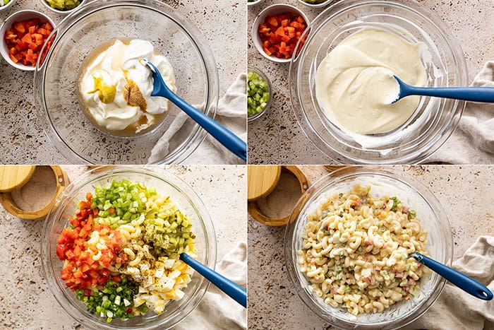 overhead process shot collage: 4 pictures showing the steps to make this cool and creamy macaroni salad