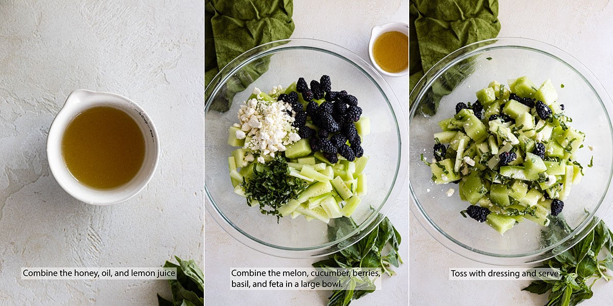 Three pictures showing how to make the salad. 
