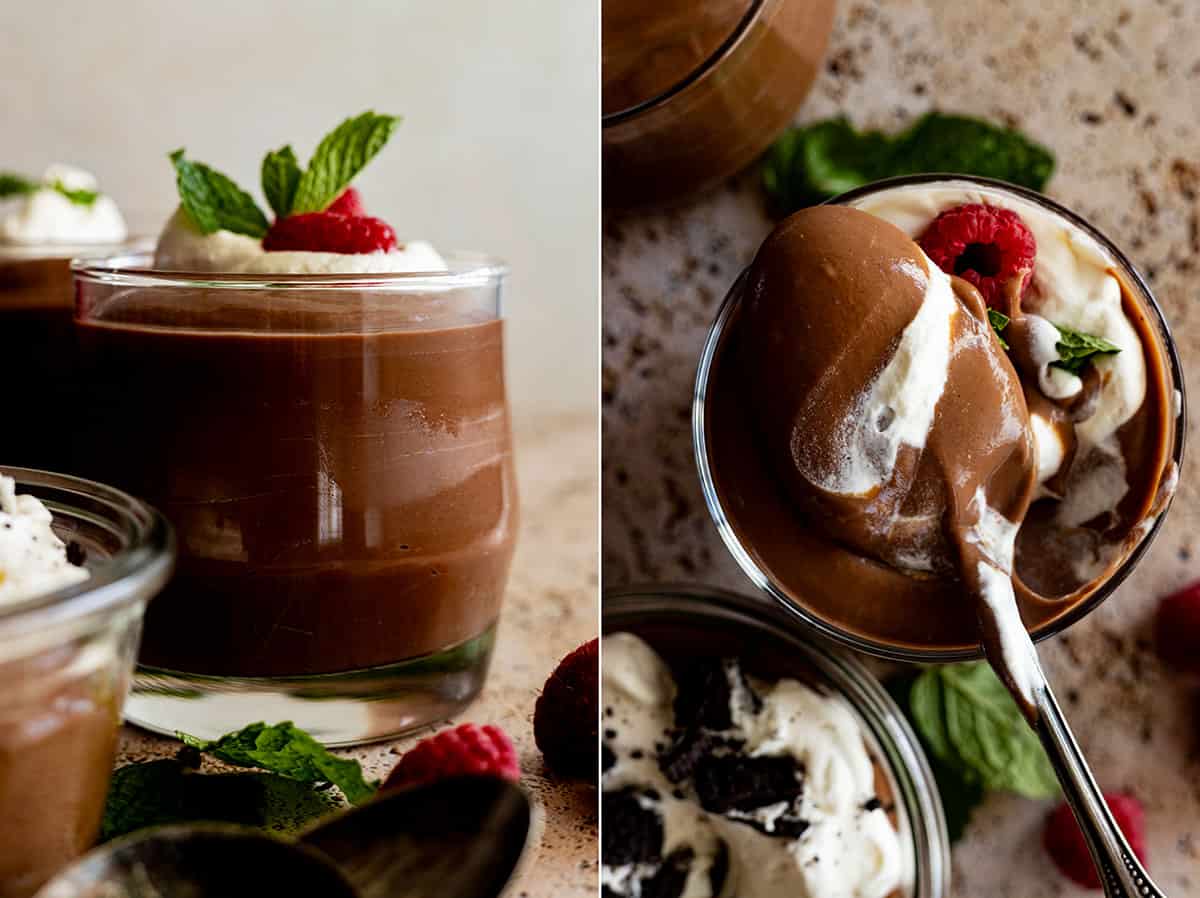 Two pictures: One a small bowl of pudding topped with whipped cream, mint, and a raspberry. The second and overhead view of a spoonful of pudding being pulled up from the bowl. 