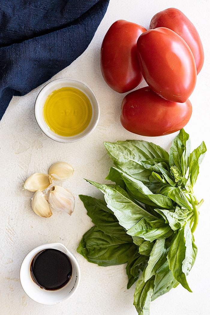 Ingredients needed to make bruschetta.