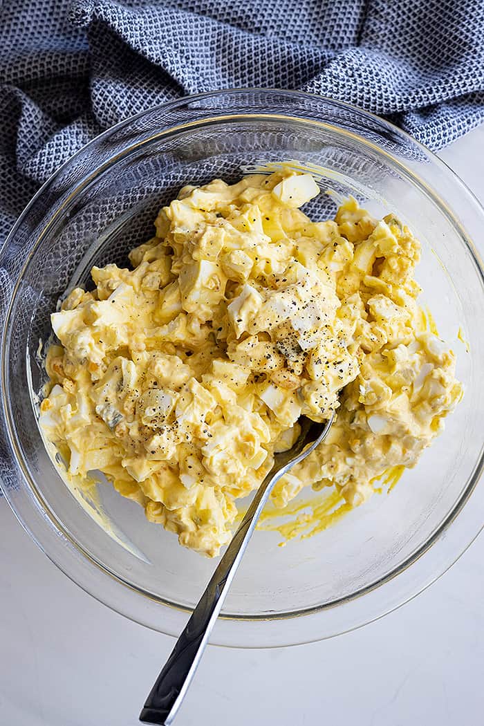 Overhead view of egg salad ready to be used for sandwiches.