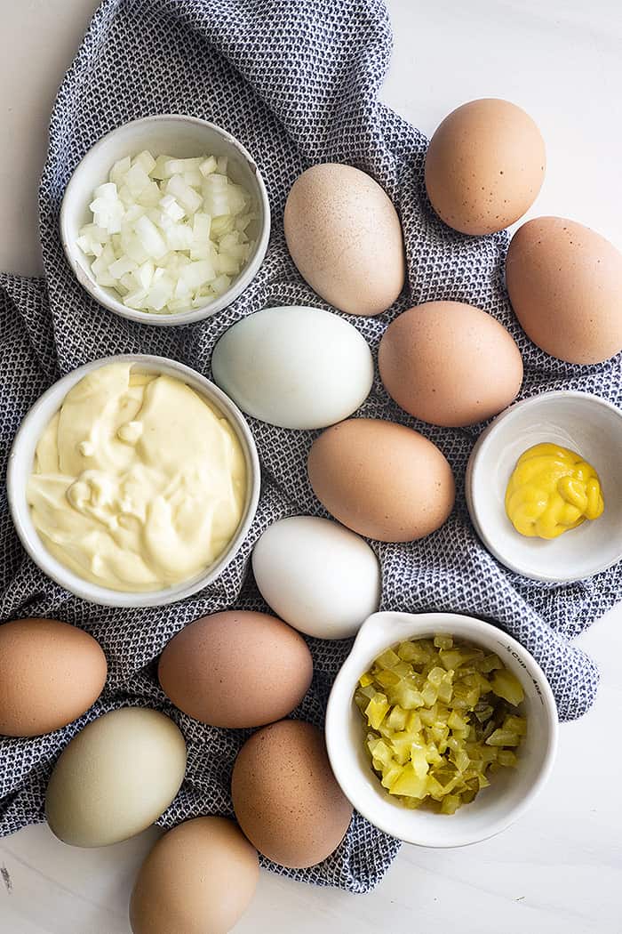 All the ingredients needed to make the perfect egg salad.