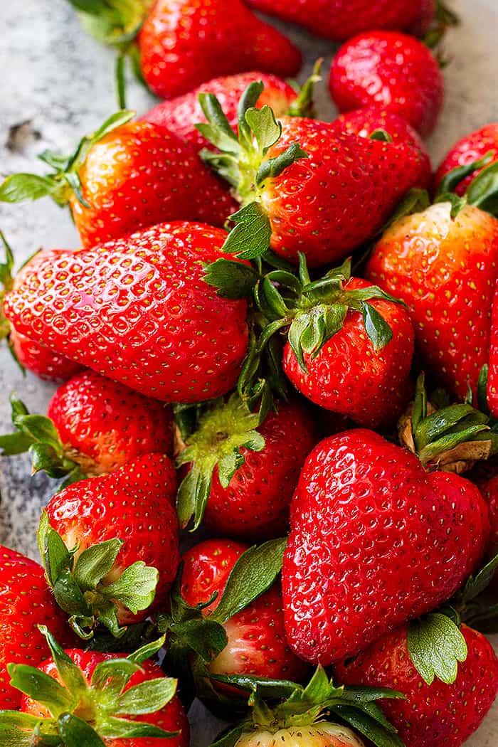 A close up of fresh strawberries.
