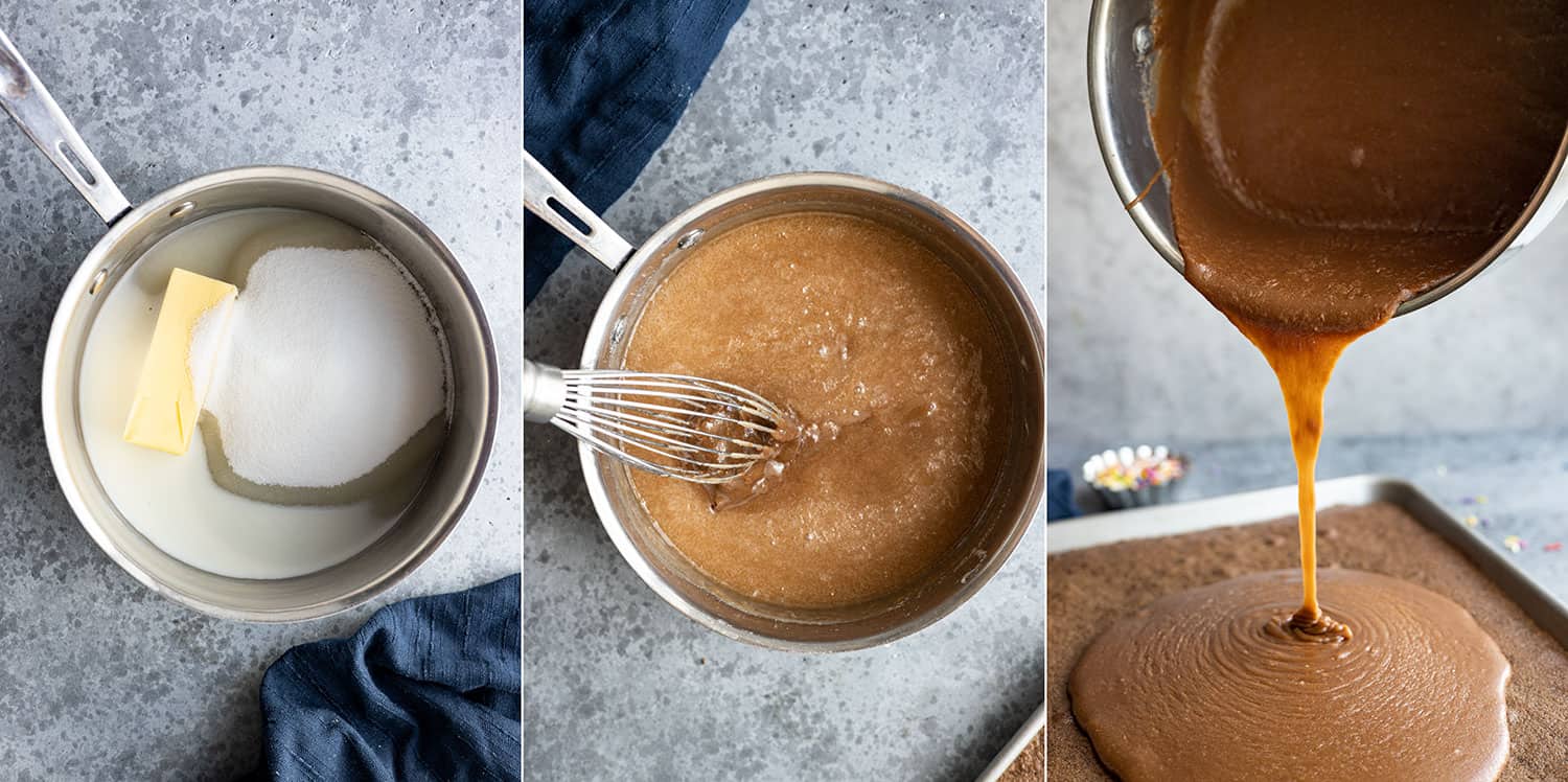 Three pictures showing how to make the chocolate frosting for the brownies.