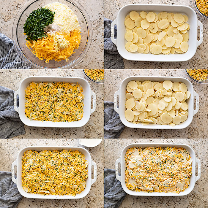 Six photos showing the steps to make these potatoes.