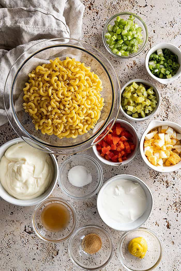 overhead: ingredients needed to make grandma's macaroni salad